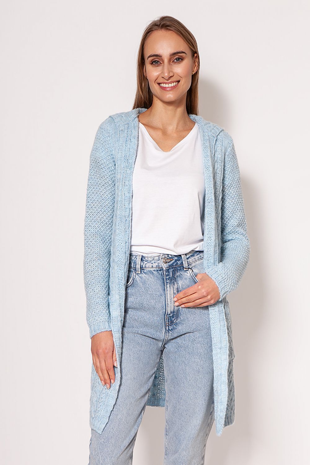 Charming MKM Soft Cardigan Coat in soft blue, complemented by a simple white t-shirt, elegantly posed by a model exuding effortless luxury.