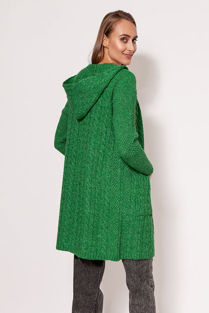 Back view of MKM Soft Cardigan Coat in rich green, highlighting the dropped shoulder design and hood. Perfect for a chic, relaxed look.