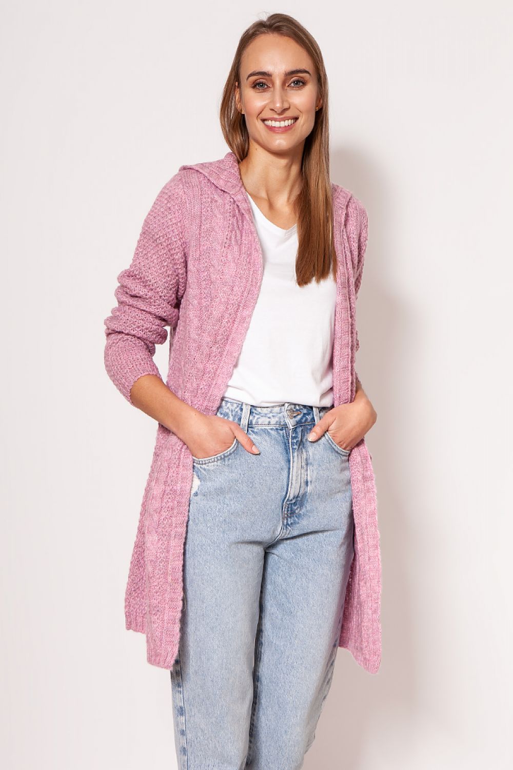 MKM Soft Cardigan Coat in soft pink, elegantly worn by a model. The minimalist design accentuates comfort and luxury, perfect for everyday elegance.
