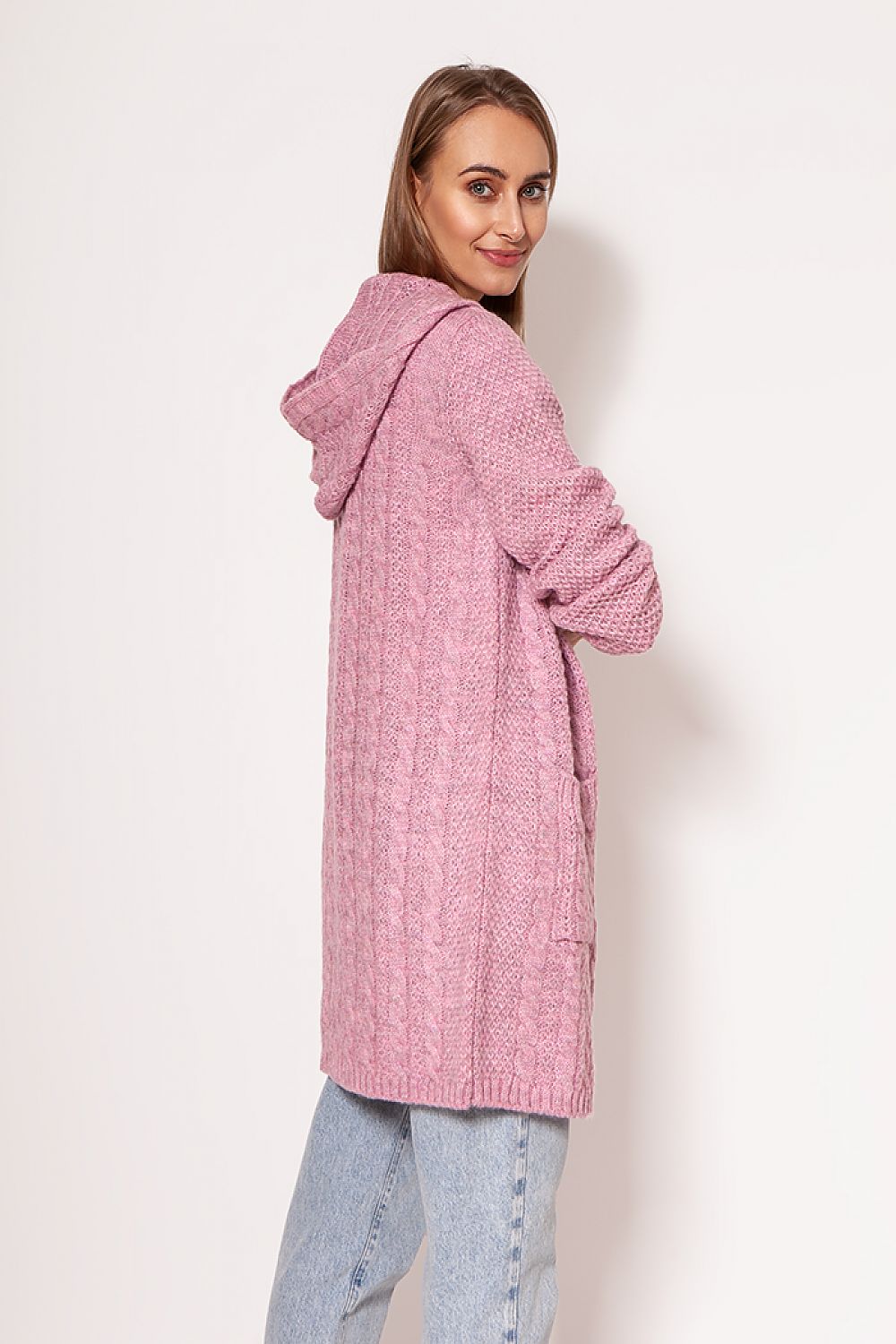 Back view of MKM Soft Cardigan Coat in soft pink, showcasing luxurious texture and hood. Ideal for layering with stylish outfits.
