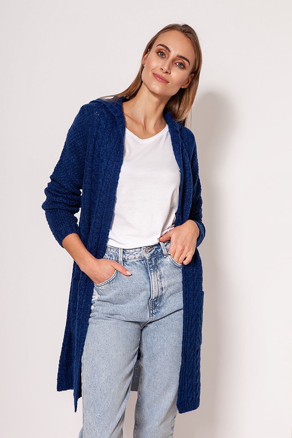 MKM Soft Cardigan Coat in deep navy, elegantly styled with casual denim. The design features dropped shoulders and pockets for a sophisticated, laid-back look.