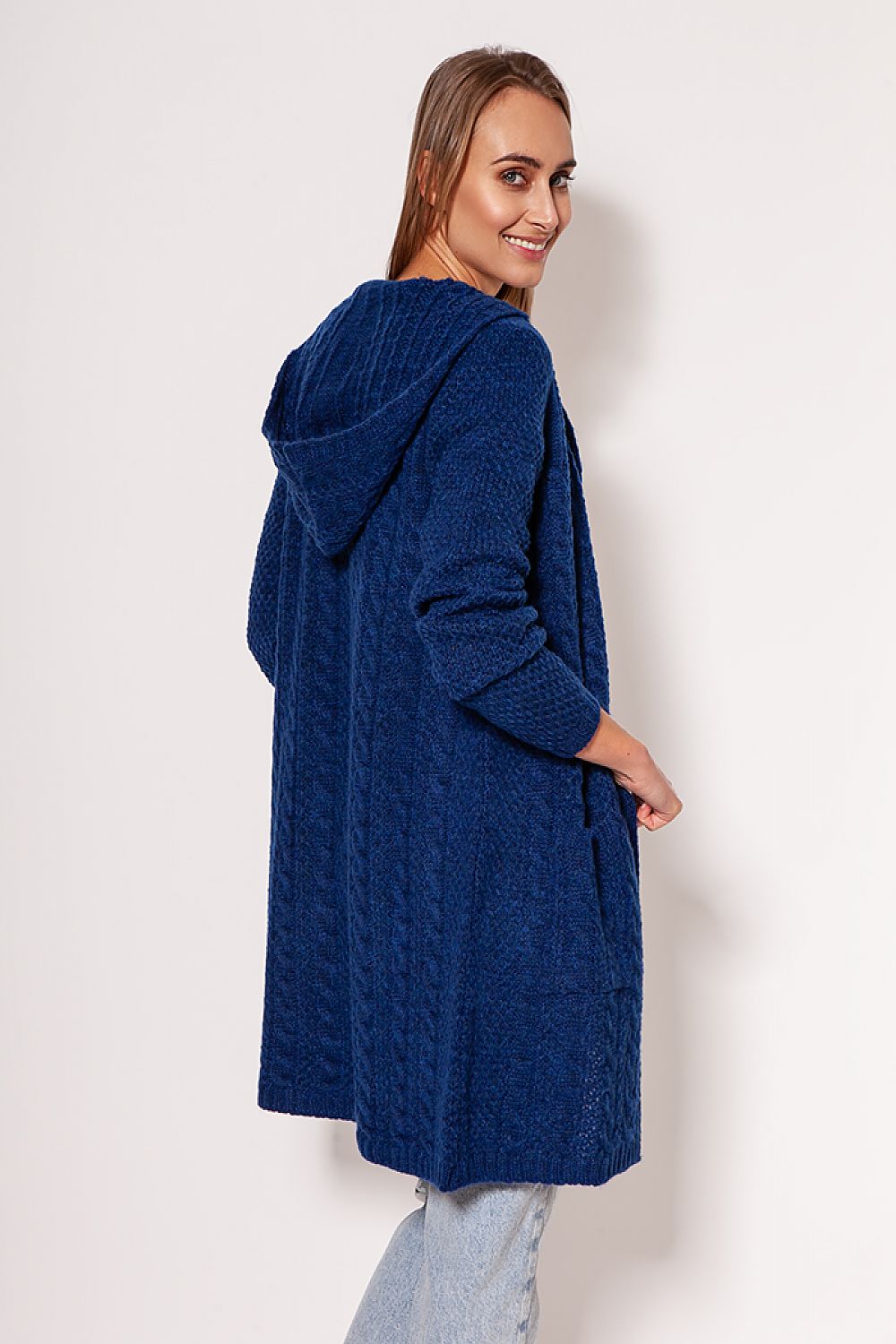 Elegant MKM Soft Cardigan Coat in deep blue, featuring a stylish hood, dropped shoulders, and hip pockets, showcasing a luxurious minimalist design. Perfect for sophisticated layering.
