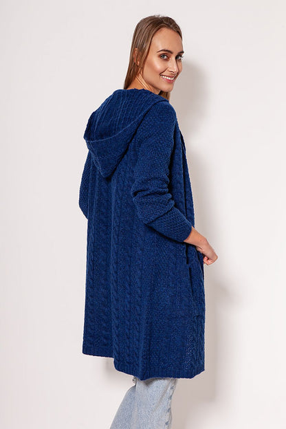 Elegant MKM Soft Cardigan Coat in deep blue, featuring a stylish hood, dropped shoulders, and hip pockets, showcasing a luxurious minimalist design. Perfect for sophisticated layering.