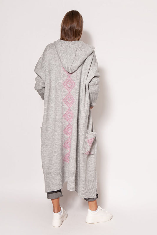 Back view of the MKM grey extended cut cardigan featuring intricate pocket design, ideal for adding a touch of chic comfort to your wardrobe.