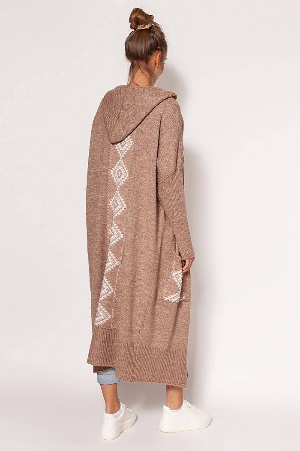 Chic back view of a sophisticated MKM extended cut cardigan, showcasing intricate design details and a comfortable hood, ideal for layering.