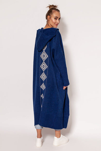 Sophisticated back view of a rich navy MKM extended cut cardigan, featuring a stylish hood and elegant pattern, perfect for layering.