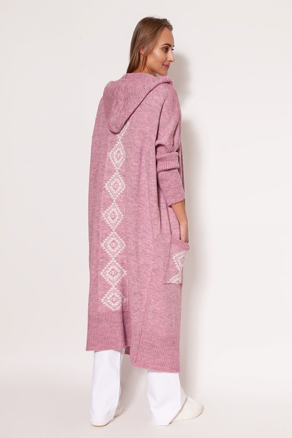 Elegant MKM luxurious cardigan in pink, featuring a stylish hood and intricate diamond pattern, designed for comfort and sophistication. Ideal for layering.