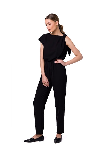 Stylish one-shoulder jumpsuit in classic black by Stylove, featuring tapered legs and an elastic waist, offering a timeless and versatile silhouette.