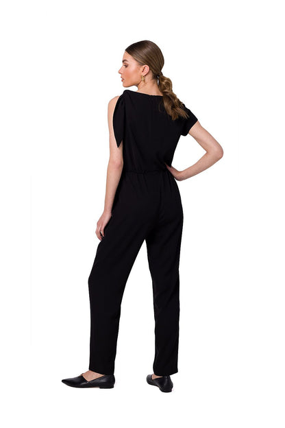 Elegant black stylish one-shoulder jumpsuit with tapered legs and elastic waist showcased by Stylove, featuring a unique shoulder design and a sophisticated silhouette.