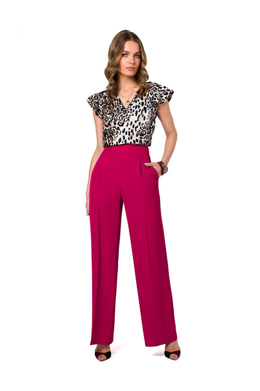 Stylove stylish printed satin blouse with ruffle sleeves and V neckline, elegantly complemented by tailored pink trousers in a sophisticated ensemble.