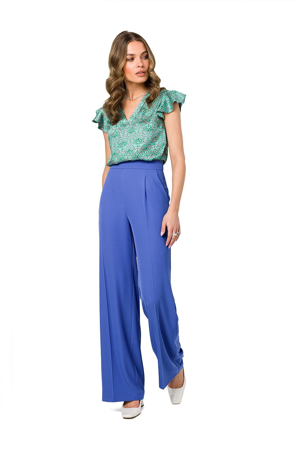 Stylove fashionable satin blouse with ruffle sleeves and intricate designs, elegantly styled with tailored blue trousers and fashionable heels.
