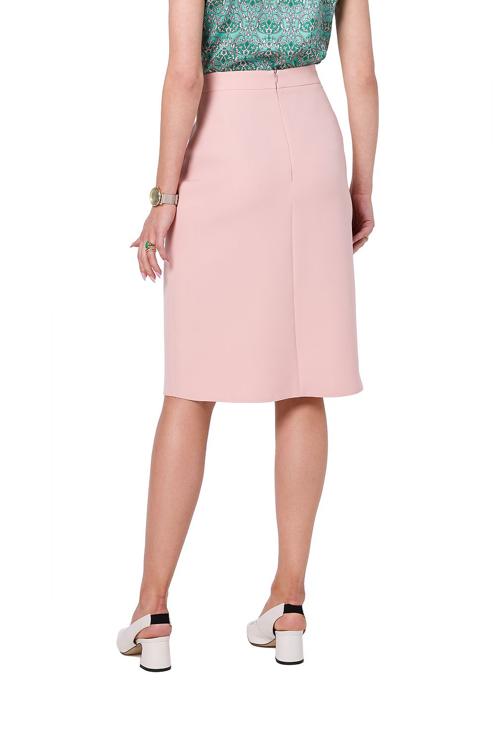 Back view of the Stylove Classic A-Line Skirt in pink, showcasing the concealed zipper detail, paired with a stylish blouse.