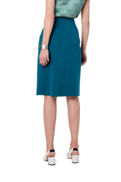 Rear view of the Stylove Classic A-Line Skirt in teal, highlighting the secure fastening and tailored silhouette.