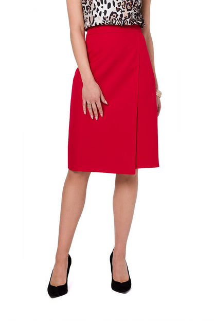 Stylove luxurious red A-line skirt featuring an asymmetrical front design, paired elegantly with a stylish top, showcasing refined fashion for women.