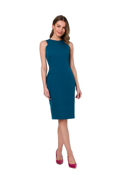 Stylove sophisticated sleeveless pencil dress in deep teal, featuring elegant geometric stitching, ideal for classy events.
