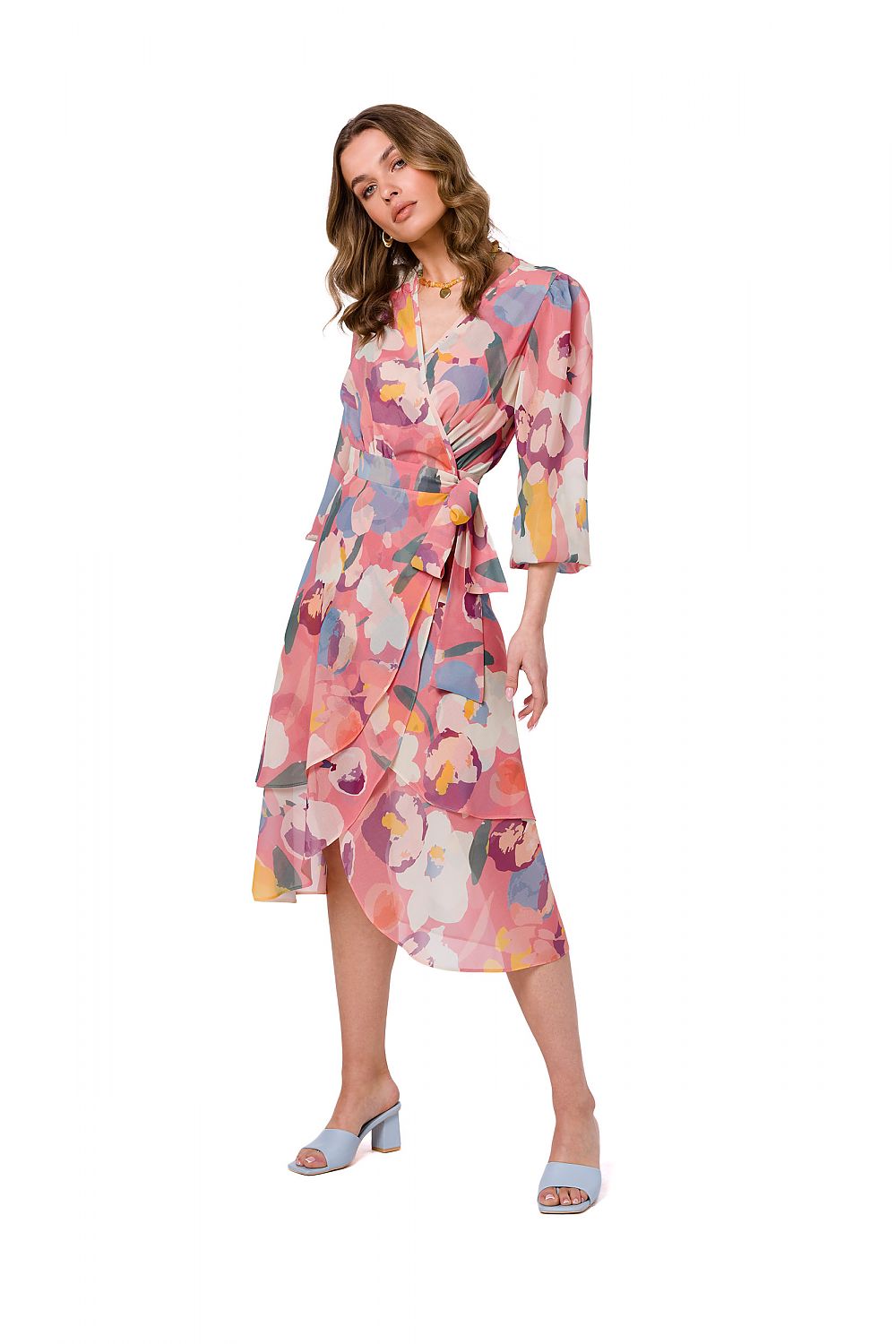 Stylove floral chiffon overlap dress showcasing a vibrant design with soft colours and ruffles, elegantly fastened with a stylish waist tie, ideal for formal events.