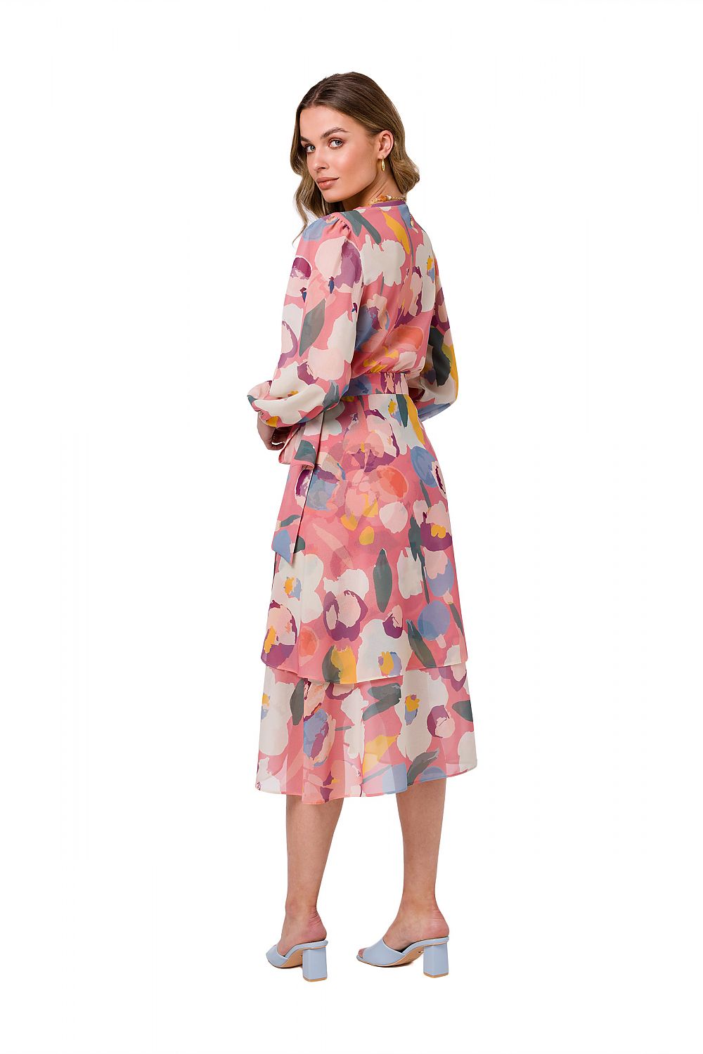 Stylove floral chiffon overlap dress with graceful ruffles and a waist tie, displaying a beautiful bouquet pattern, perfect for a luxurious occasion.