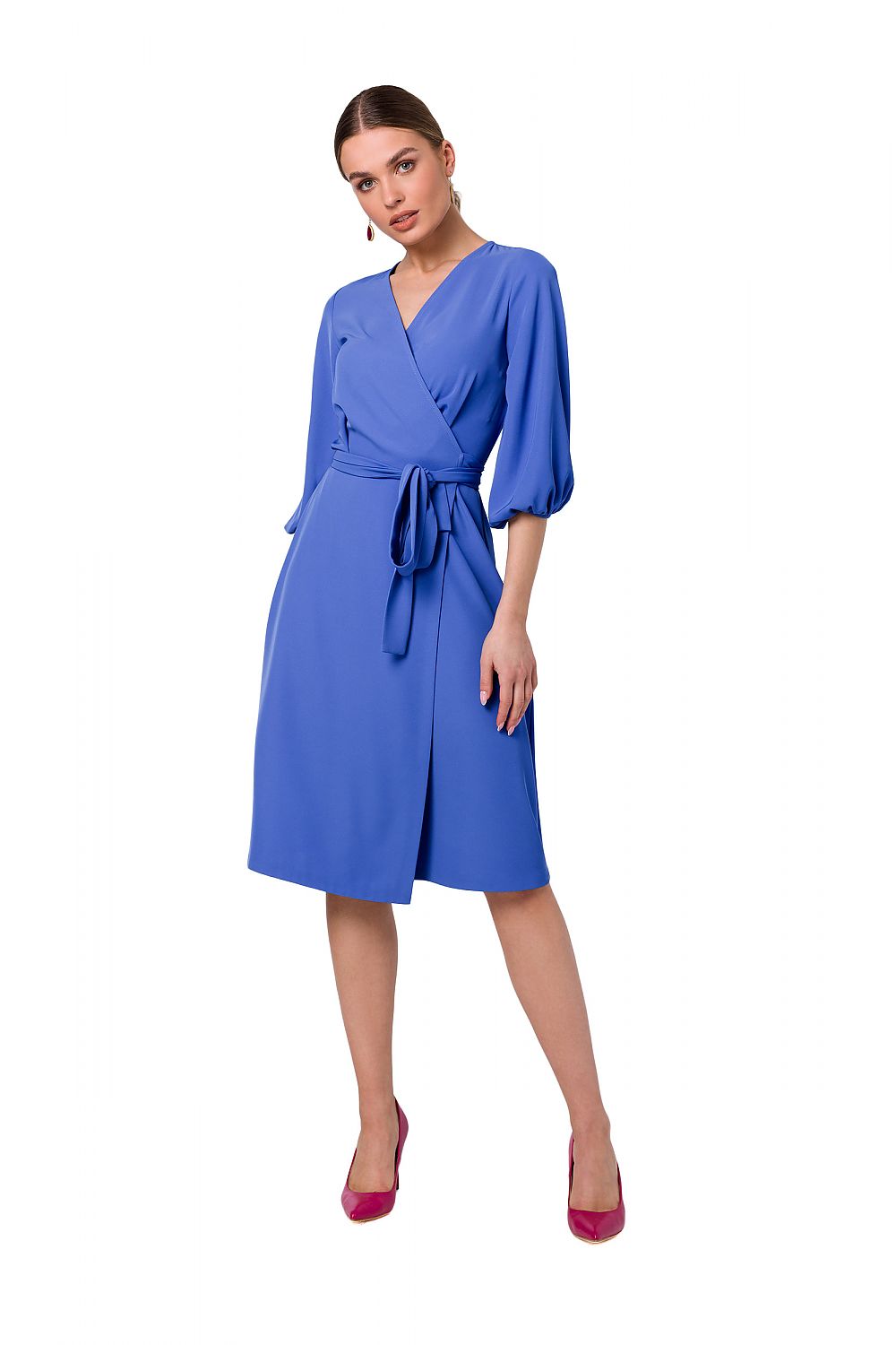 Stylove elegant flared overlap dress in striking blue, featuring wide sleeves and sophisticated waist binding, ideal for upscale occasions.