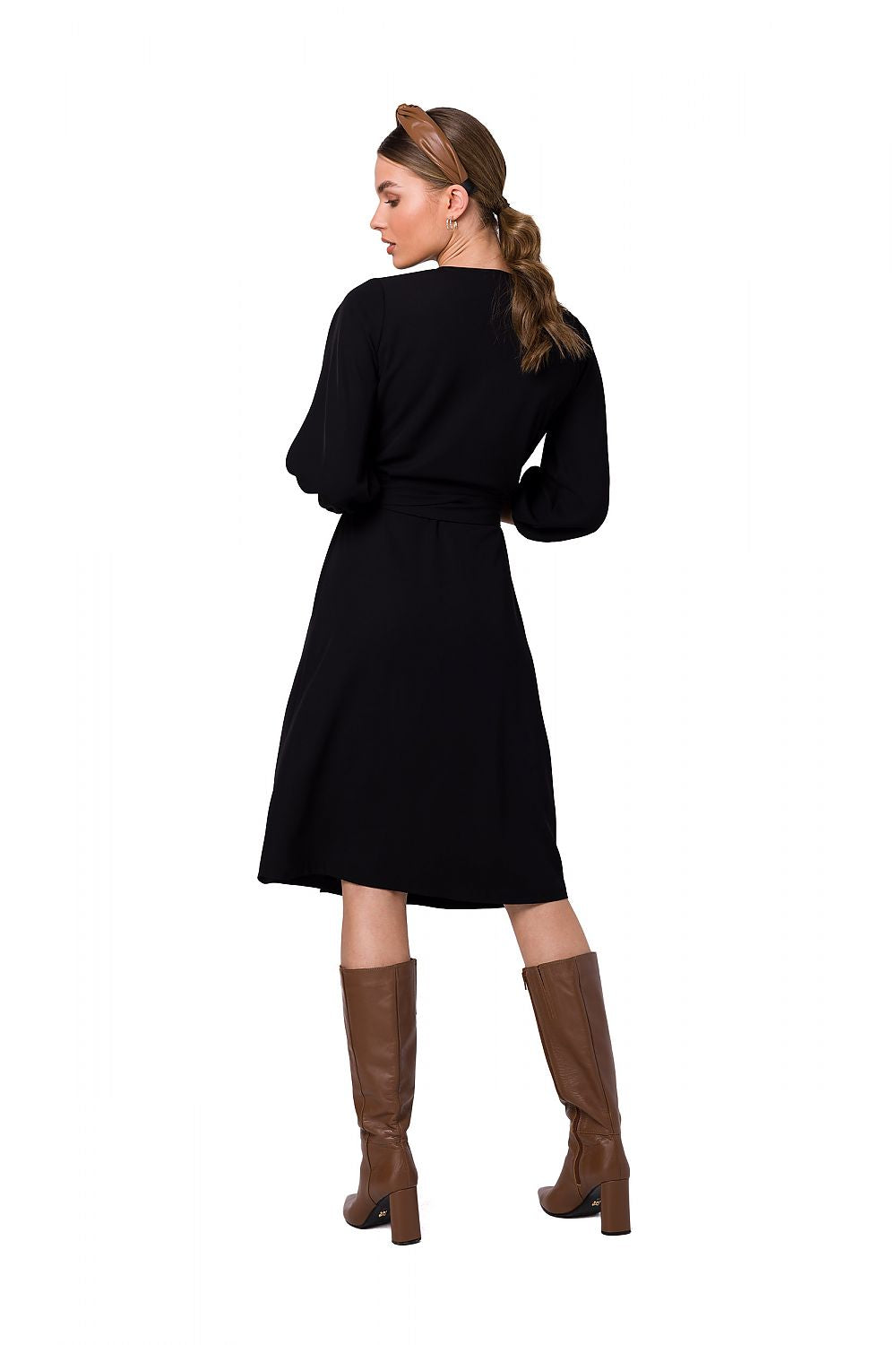 Stylove back view of the stunning black flared overlap dress, displaying its sophisticated wide sleeves and elegant waist binding, tailored for chic gatherings.