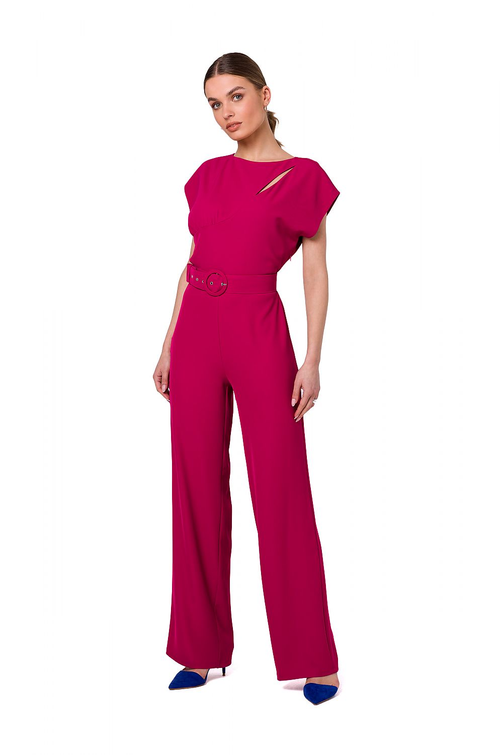 Stylove elegant pink jumpsuit featuring a stylish cutout neckline and matching belt, perfect for evening wear.