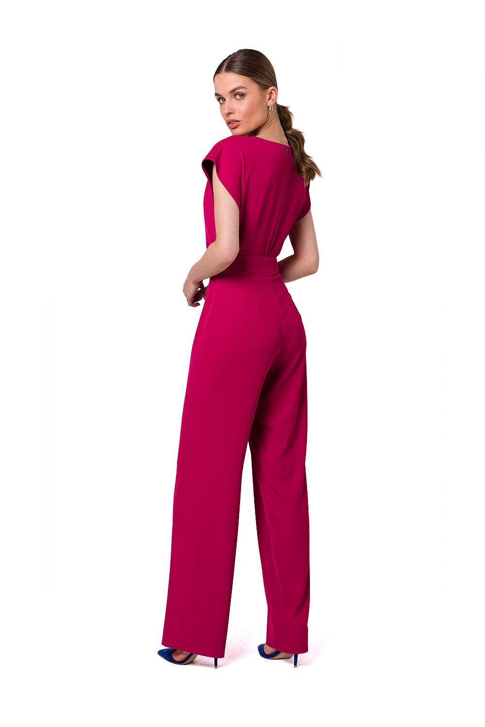 Stylove elegant pink jumpsuit showcased from the back, highlighting its fashionable silhouette and belt, ideal for sophisticated occasions.