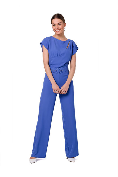 Stylove luxurious blue jumpsuit with a chic cutout neckline and belt, designed for elegant evening attire.