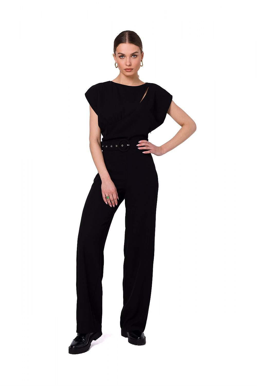 Stylove elegant black jumpsuit featuring a cutout neckline and a stylish belt, showcased on a model in an elegant pose. Perfect for evening wear.