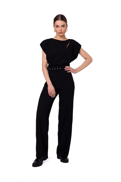 Stylove elegant black jumpsuit featuring a cutout neckline and a stylish belt, showcased on a model in an elegant pose. Perfect for evening wear.
