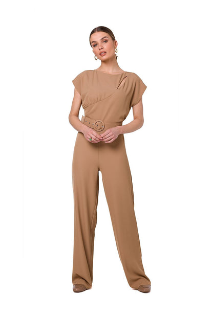 Stylove luxurious beige jumpsuit with a fashionable cutout neckline and belt, model posing elegantly, perfect for formal evening events.