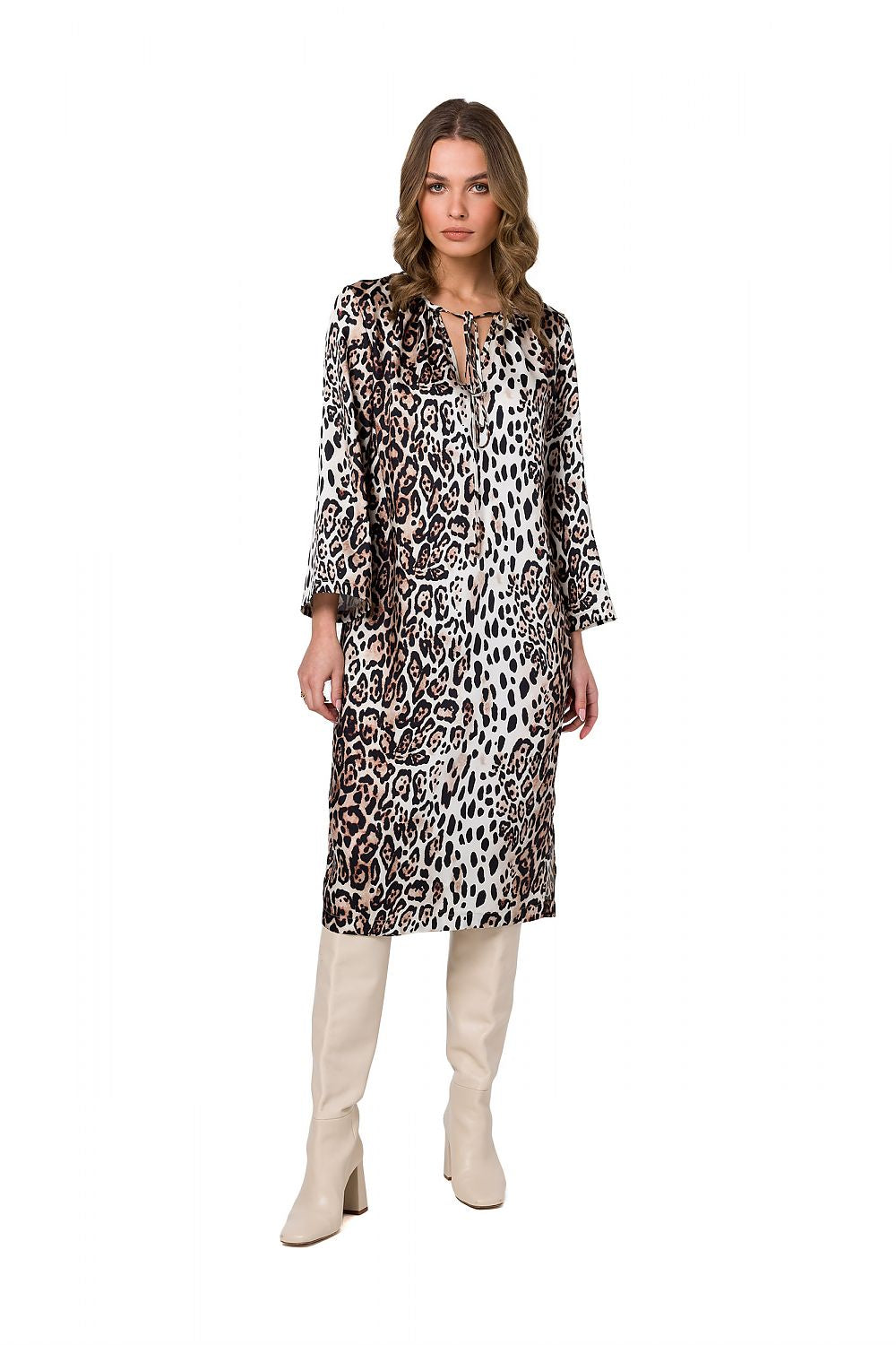 Stylove luxury printed kaftan dress featuring a chic leopard pattern, designed with 3/4 sleeves, styled elegantly worn on a model.