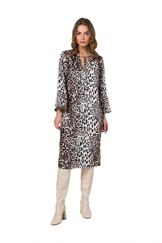 Stylove luxury printed kaftan dress featuring a chic leopard pattern, designed with 3/4 sleeves, styled elegantly worn on a model.