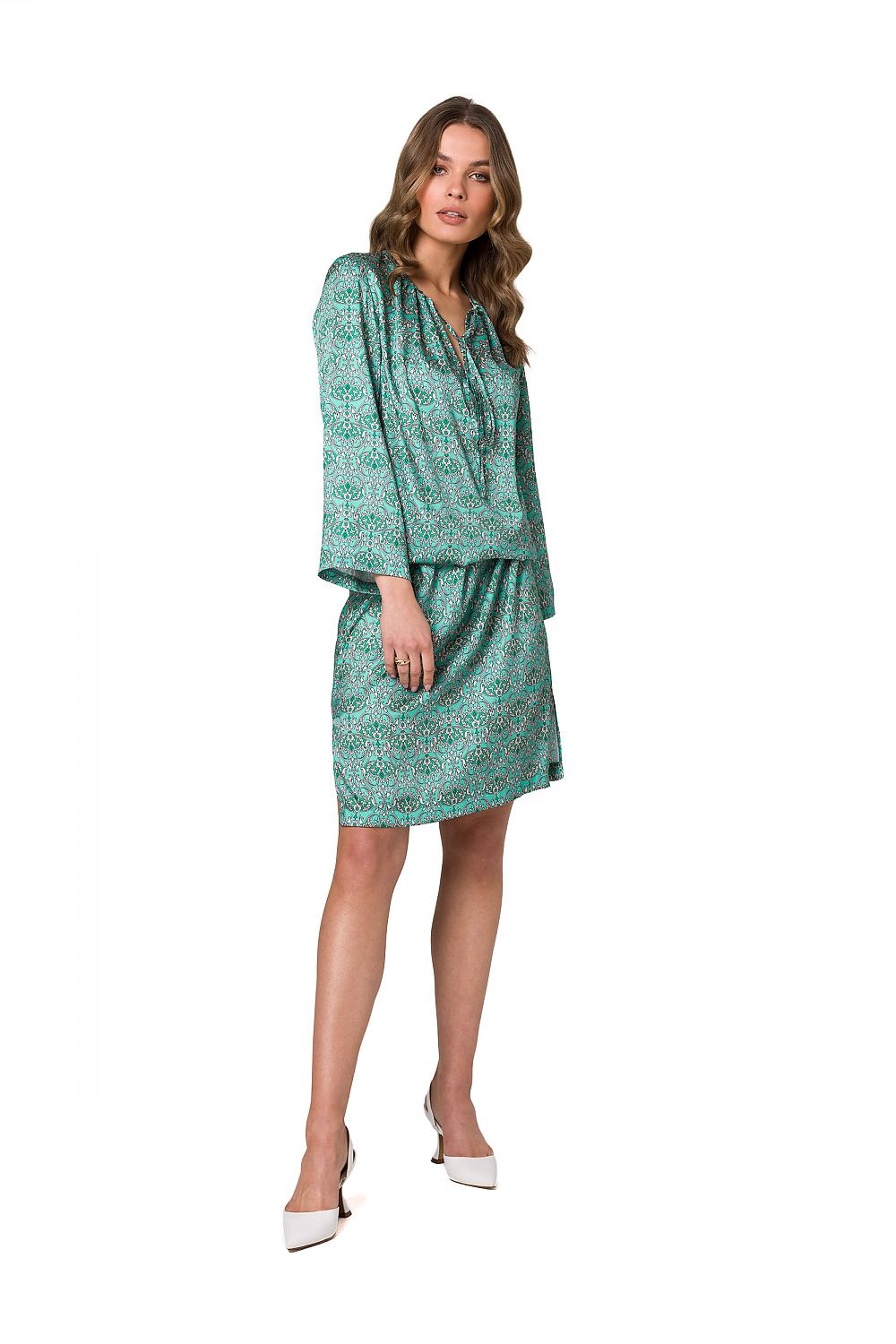Stylove vibrant green printed kaftan dress with 3/4 sleeves, elegantly styled on a model, perfect for casual luxury outings.