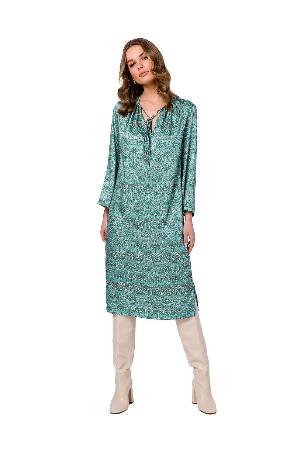Stylove stunning green patterned kaftan dress displayed elegantly on a model, showcasing its luxurious design and casual sophistication.