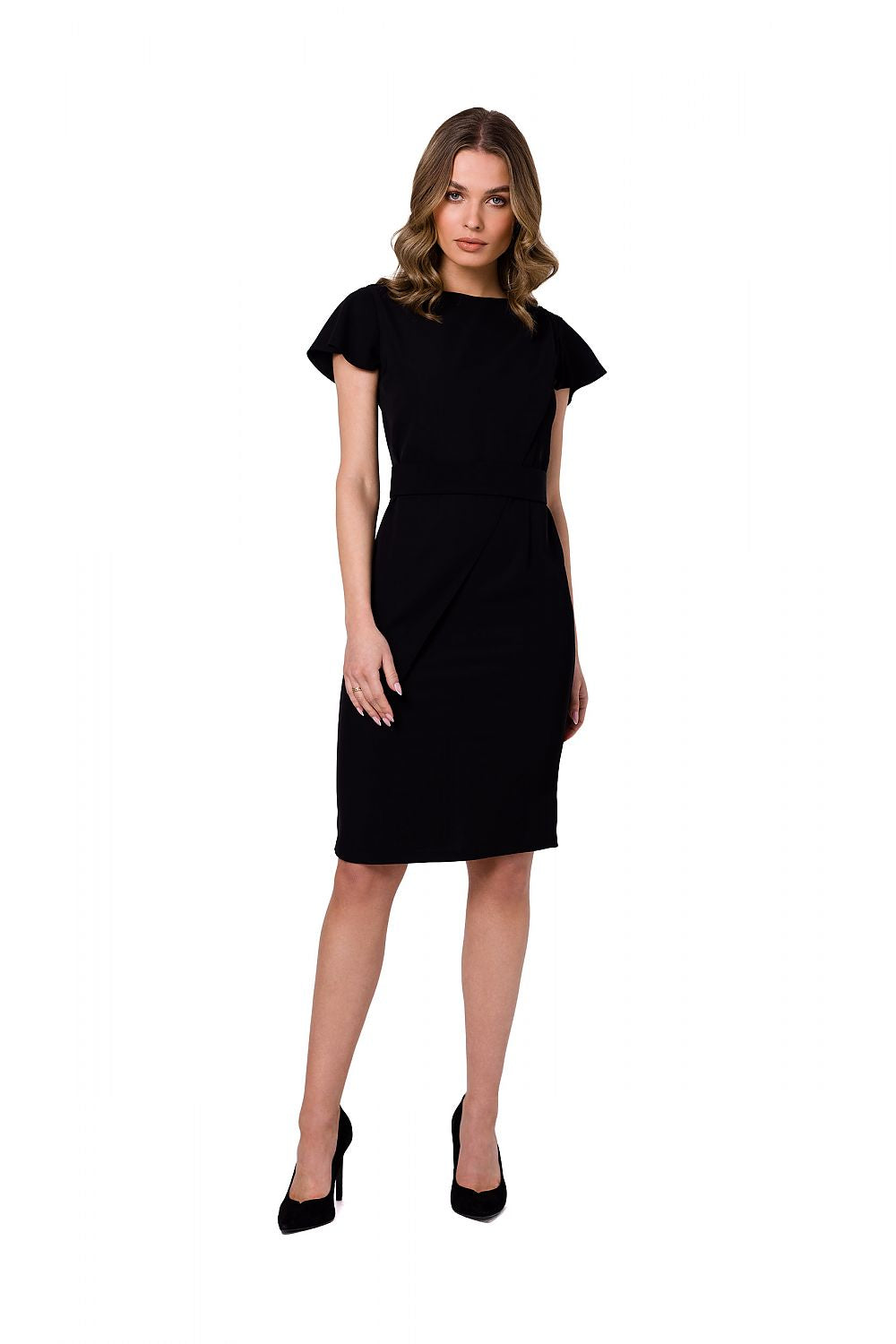 Stylove elegant black cocktail dress featuring decorative fabric layer and a buckled belt, model showcasing the front view.