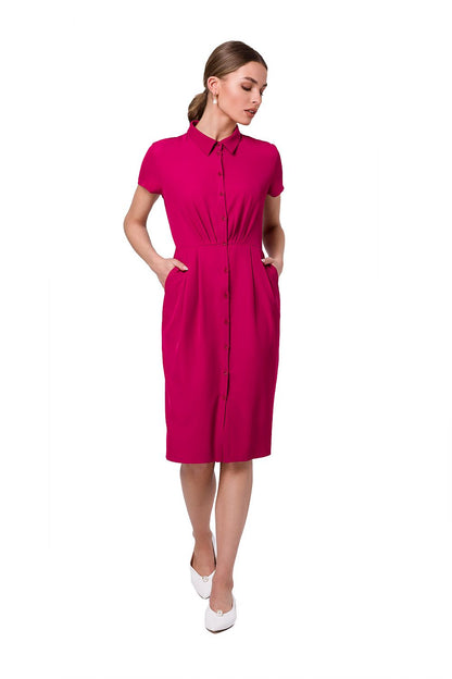 Stylove women's luxury front-fastened daydress in vibrant pink with a stylish collar and short sleeves, elegantly designed in premium polyester for a sophisticated look.