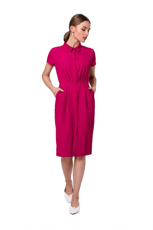 Stylove women's luxury front-fastened daydress in vibrant pink with a stylish collar and short sleeves, elegantly designed in premium polyester for a sophisticated look.