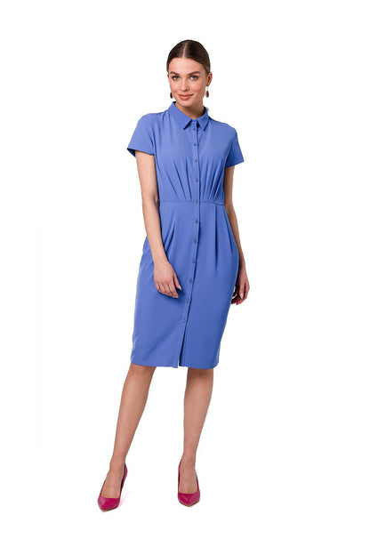 Stylove women’s sophisticated front-fastened daydress in soft blue, adorned with a collar and short sleeves, perfect for casual elegance.