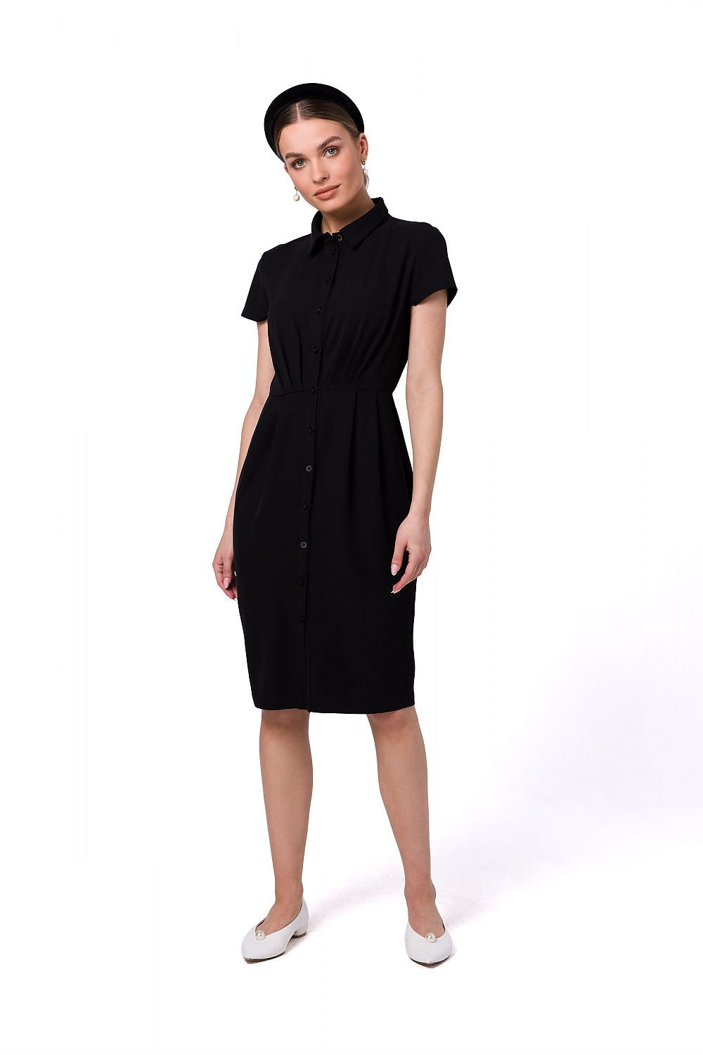 Stylove classic black front-fastened daydress for women, featuring a timeless collar and short sleeves, epitomising understated elegance.