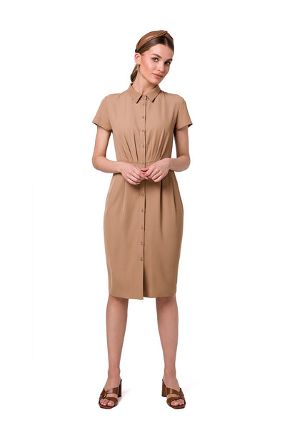 Stylove Women's stylish front-fastened daydress in premium polyester, featuring a sophisticated collar and short sleeves, elegantly styled on a model.