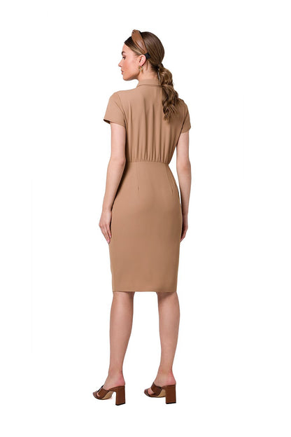 Back view of Stylove Women's premium polyester daydress, showcasing a refined silhouette with a collar and short sleeves, beautifully tailored for a luxurious look.