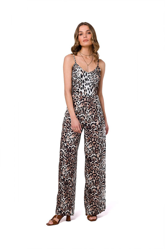 Stylove summer satin print suit featuring a woman in a chic leopard print outfit with thin straps and side pockets, showcasing a refined aesthetic perfect for elegant summer occasions.