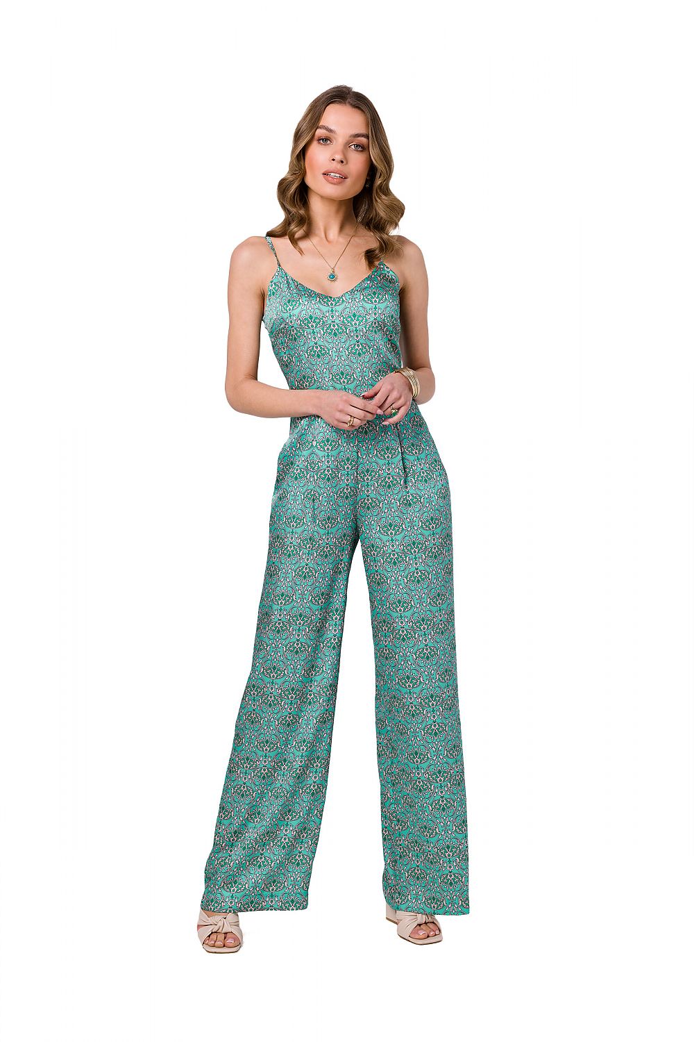 Stylove summer satin print suit in a vibrant teal pattern, presented on a model exuding elegance with thin straps and relaxed wide trousers, perfect for stylish summer outings.