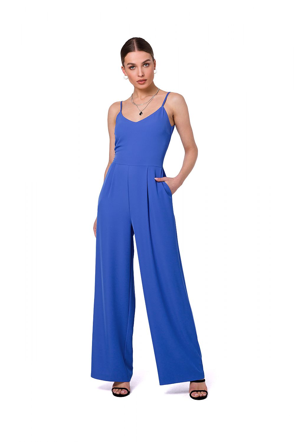 Stylish blue one-piece suit with adjustable thin straps and elegant side pockets, designed by Stylove for sophisticated office and dinner occasions.