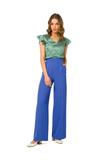 Chic women's wide leg trousers in stunning cobalt blue by Stylove, paired with a patterned ruffle sleeve top, perfect for a luxury day out.