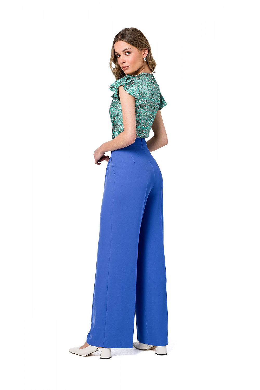 Back view of vibrant cobalt blue wide leg trousers by Stylove, highlighting the elegant tailoring and modern design, ideal for upscale occasions.