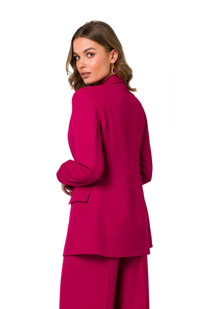 Stylove chic magenta blazer, model showcasing the back view with detailed craftsmanship and tailored fit.