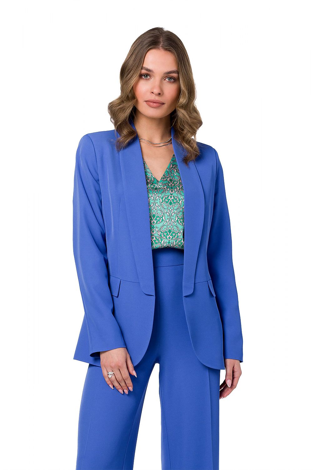 Stylove luxurious lightweight blazer in rich blue, elegantly matched with a patterned blouse and tailored trousers.