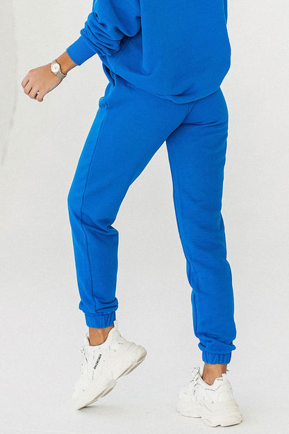 Stylish blue luxury cotton blend joggers by IVON, featuring a drawstring waist and elastic cuffs, perfect for a comfortable yet chic look.