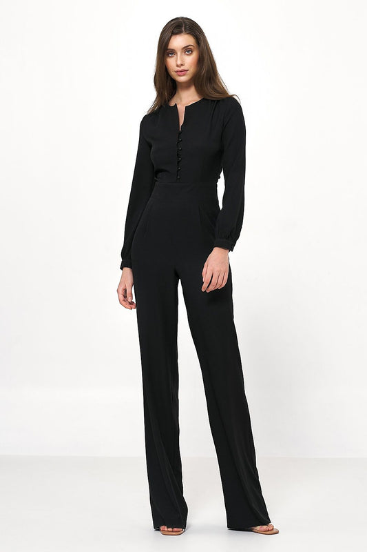 Elegant Jumpsuit by Nife featuring a flattering waist emphasis and soft fabric in classic black, perfect for chic occasions.
