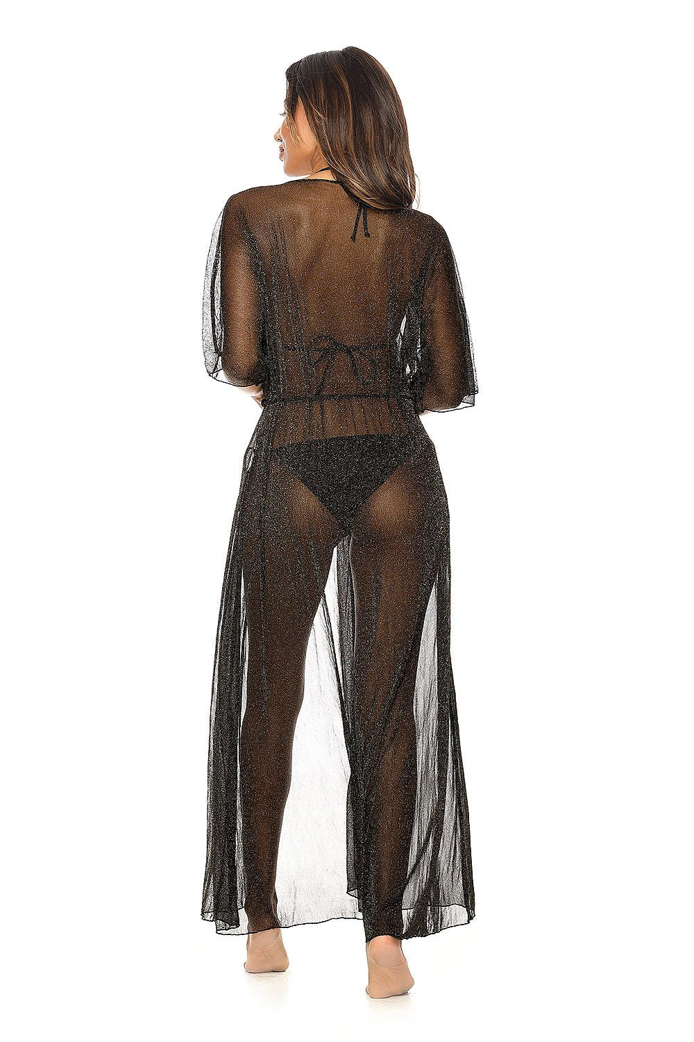 Sophisticated back view of the Etna animal print beach tunic, illustrating the flowing design and sheer fabric, complemented by a model in black swimwear, ideal for stylish sun protection.